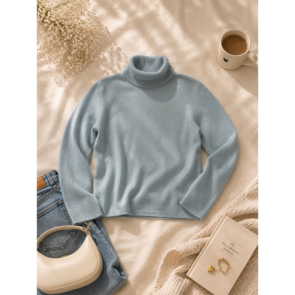 Charter Club Womens 100% Cashmere Turtleneck Sweater Light Blue Size Large 2-Ply
